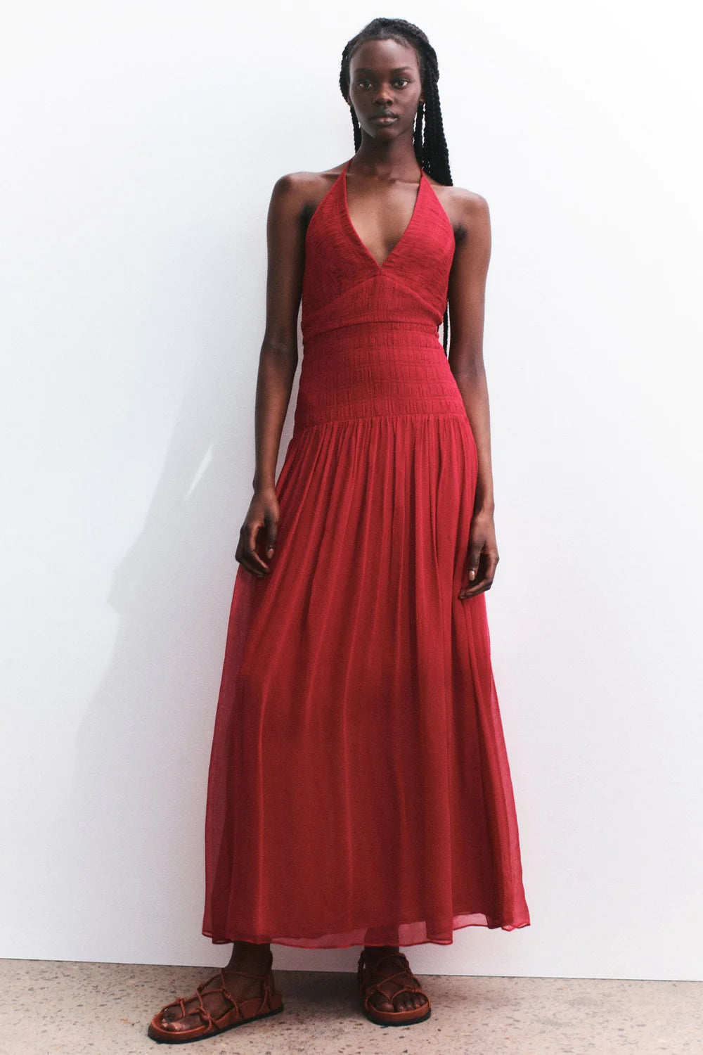 SHONA JOY MARQUIS HALTER TIE MIDI DRESS ROMA RED