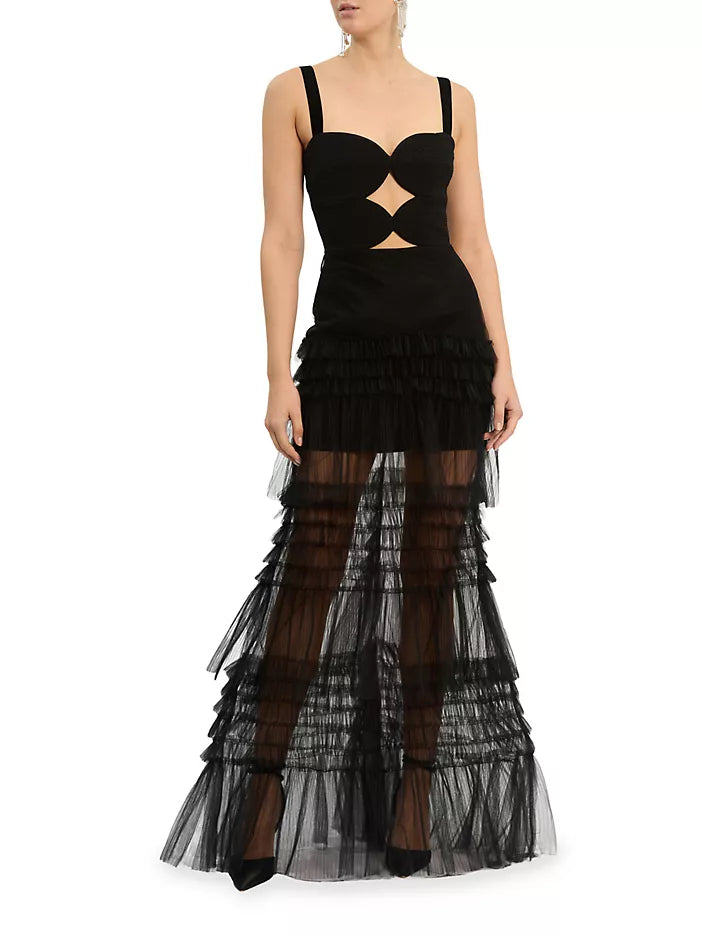 REBECCA VALLANCE AMELIA CUT OUT TULLE GOWN- BLACK