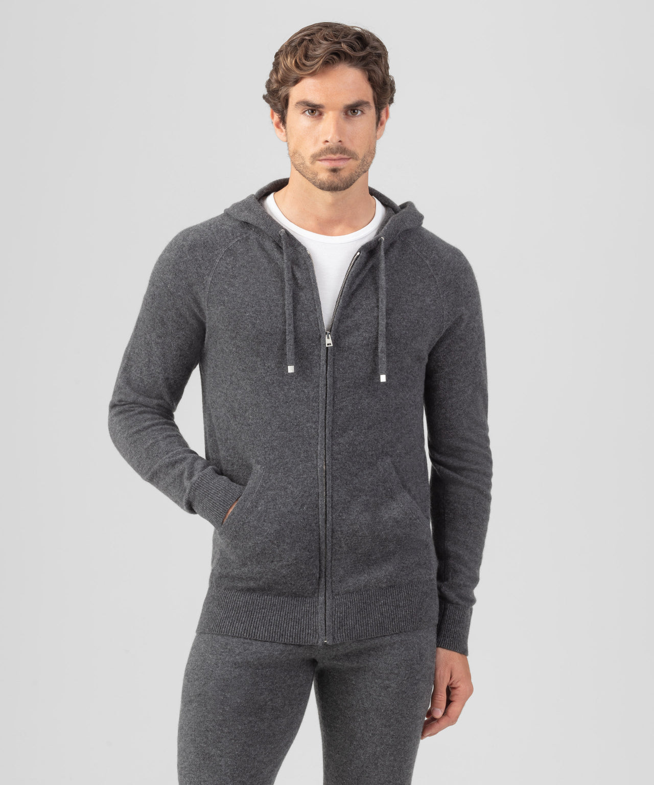 RON DORFF CASHMERE ZIPPED HOODIE - DARK GREY MELANGE