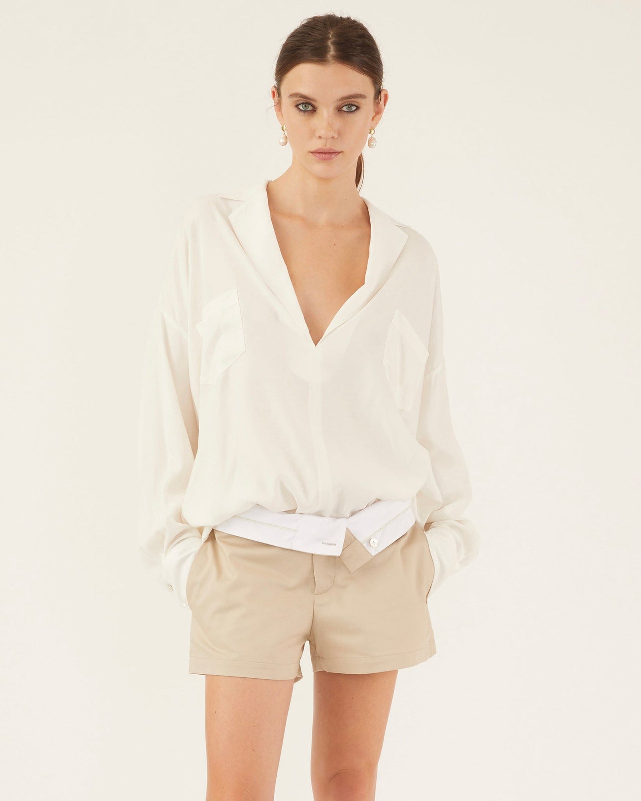 MARISSA WEBB ALESSIA SOFT NOTCH COLLAR TUNIC TOP - PEARL