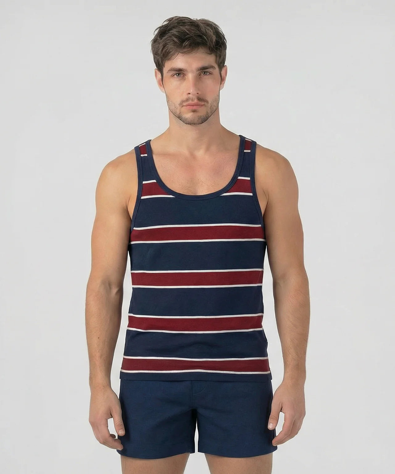 RON DORFF COTTON PIQUE TANK TOP WITH STRIPES - NAVY