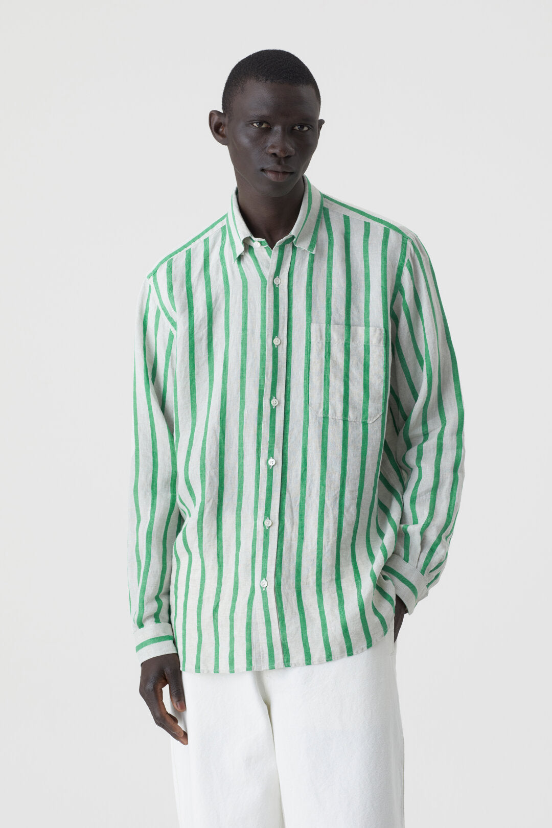 CLOSED MENS LINEN STRIPE SHIRT- GREEN/NATURAL HAUS OF HANZ CLOSED MENS LINEN STRIPE SHIRT- GREEN/NATURAL HAUS OF HANZ