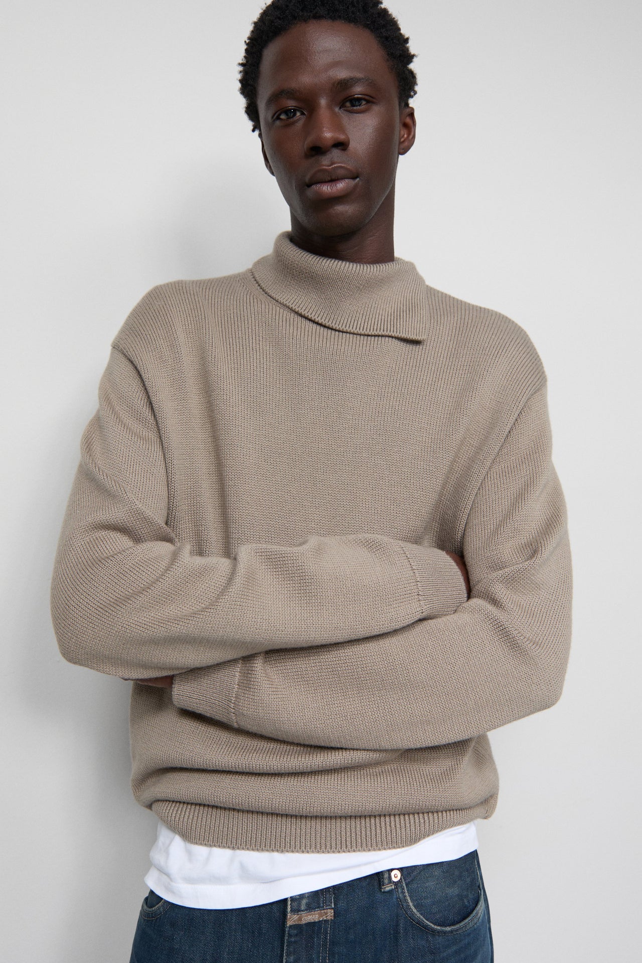 CLOSED SCARF COLLAR JUMPER - NATURAL LINEN