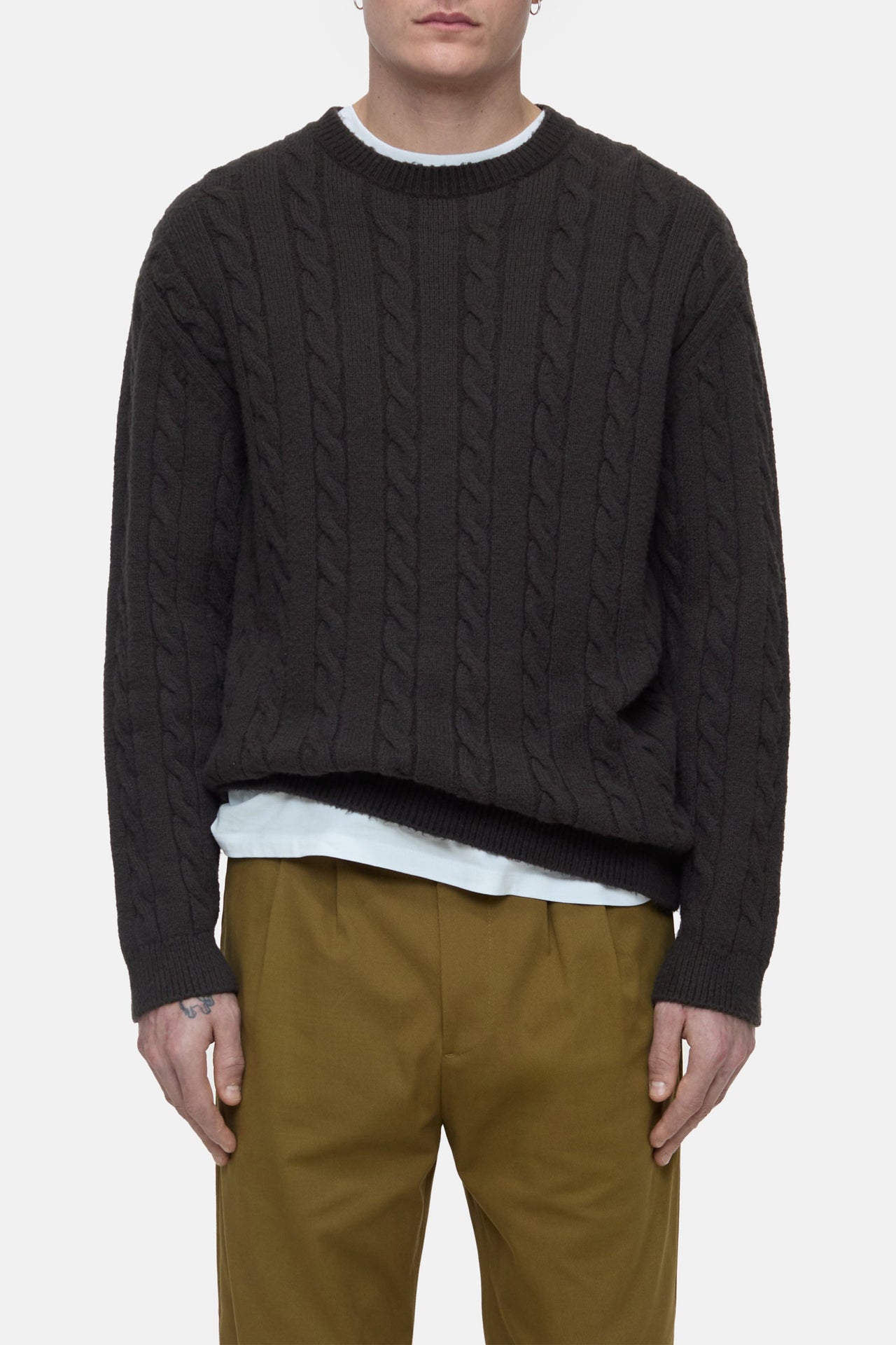 CLOSED MENS COTTON-MIX CABLE KNIT JUMPER - TAPENADE GREY