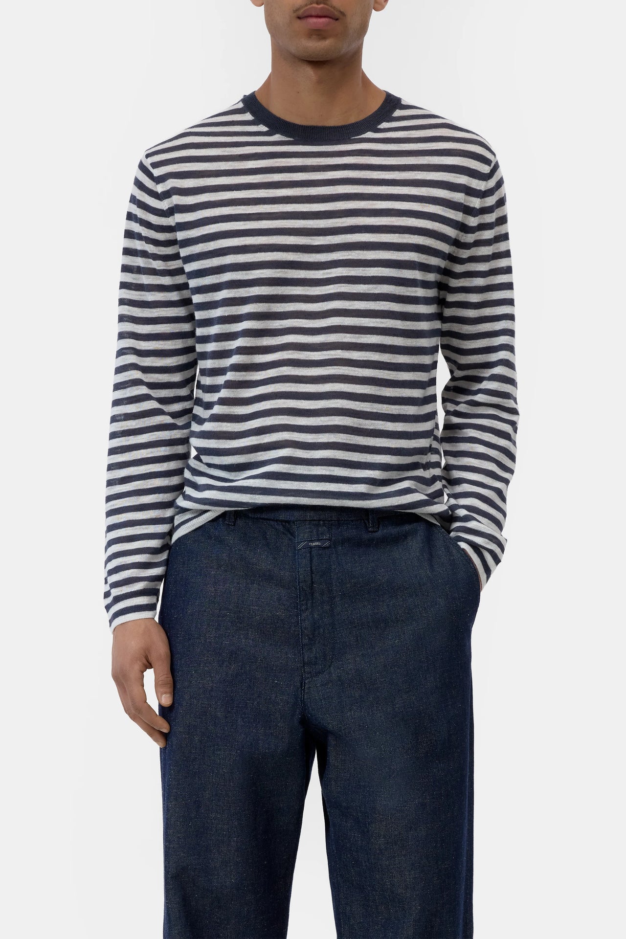 CLOSED MENS STRIPED SWEATER LINEN BLEND - MAGMA BLACK