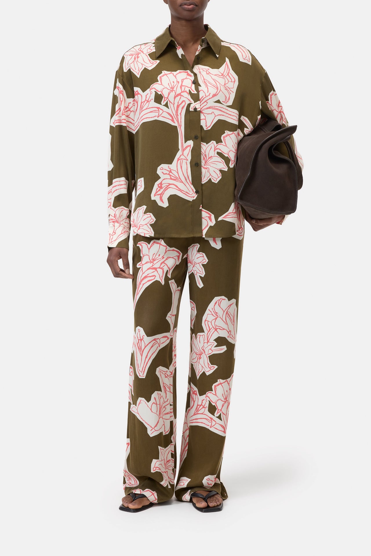 CLOSED WOMENS OVERSIZED SHIRT WITH FLOWER PRINT - DEEP OLIVE