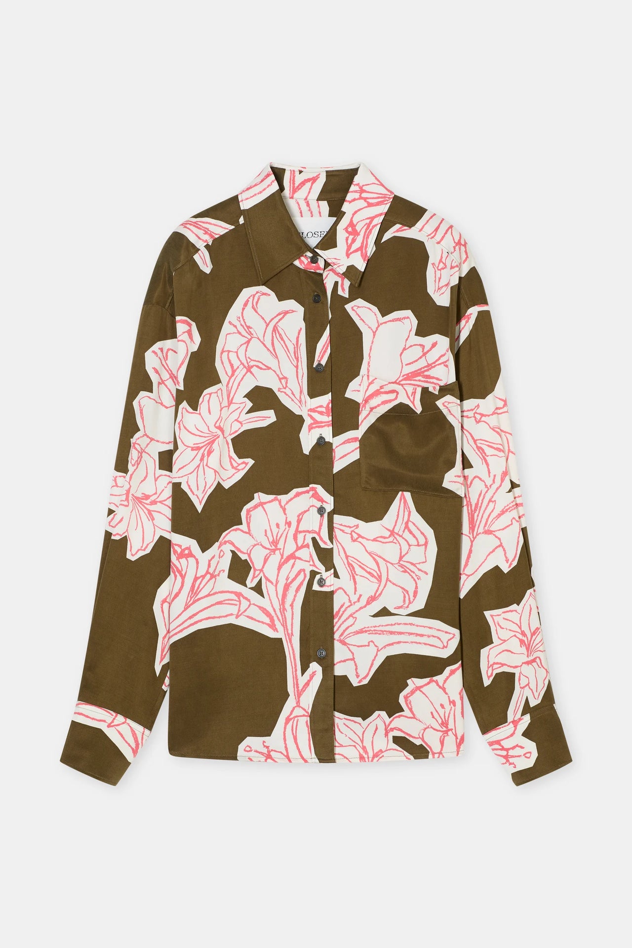 CLOSED WOMENS OVERSIZED SHIRT WITH FLOWER PRINT - DEEP OLIVE