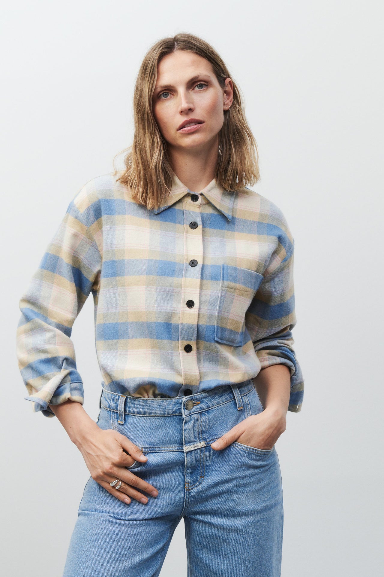 CLOSED WOMENS OVERSIZED COTTON SHIRT BLOUSE - POWDER BLUE