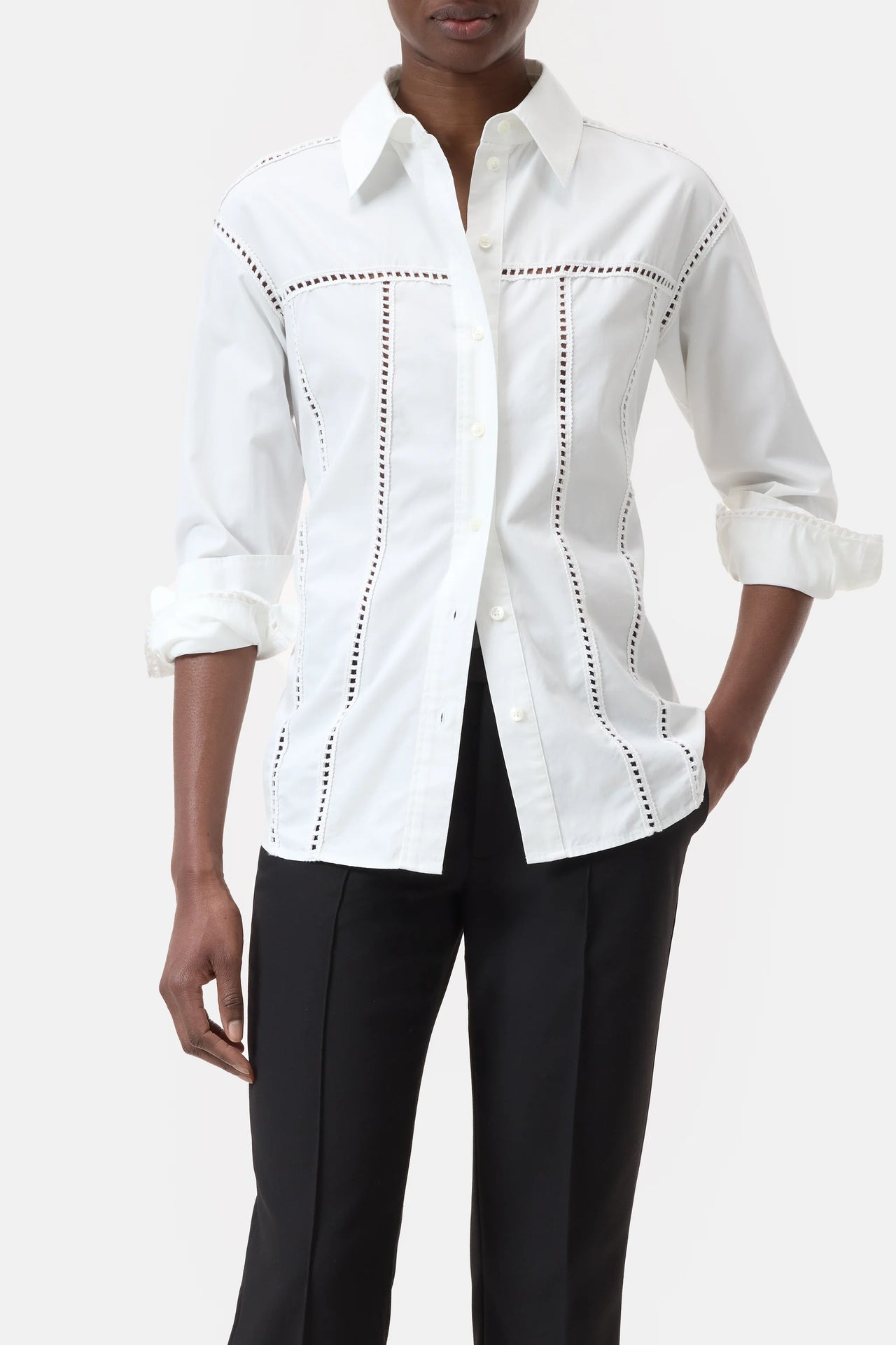 CLOSED WOMENS BLOUSE WITH CROCHET DETAILS - WHITE