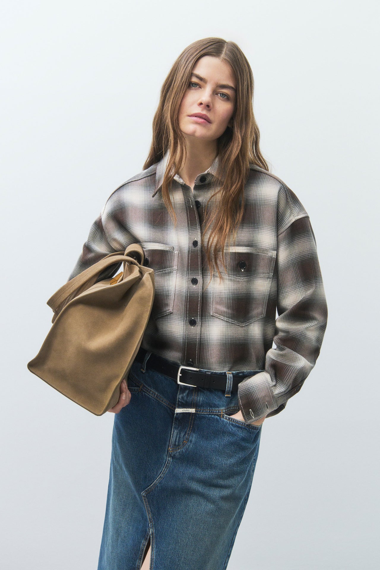 CLOSED OVERSIZED BLOUSE WITH CHECK PATTERN - DARK RAISIN RED