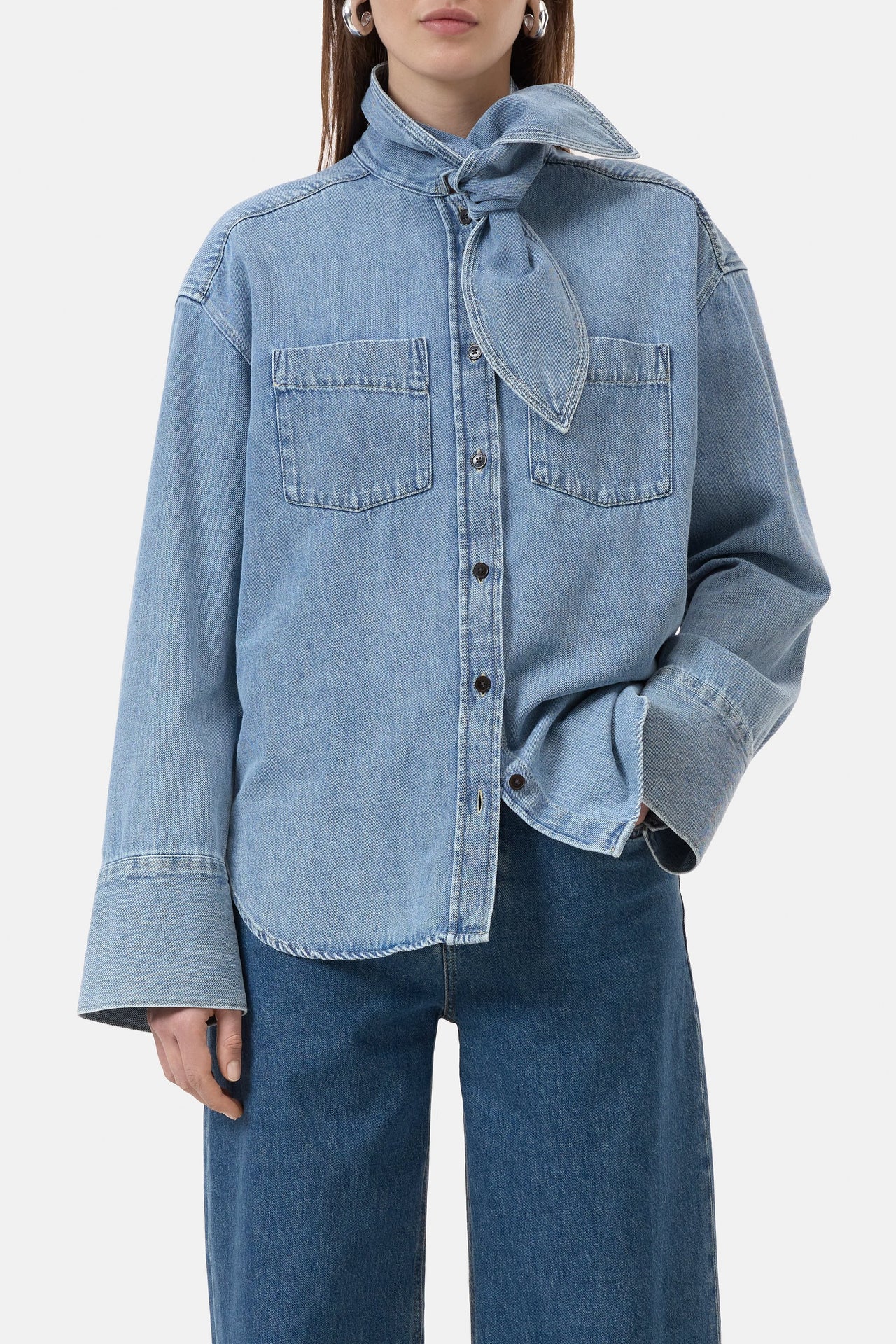 CLOSED WOMENS DENIM BLOUSE WITH SHAWL COLLAR - LIGHT BLUE