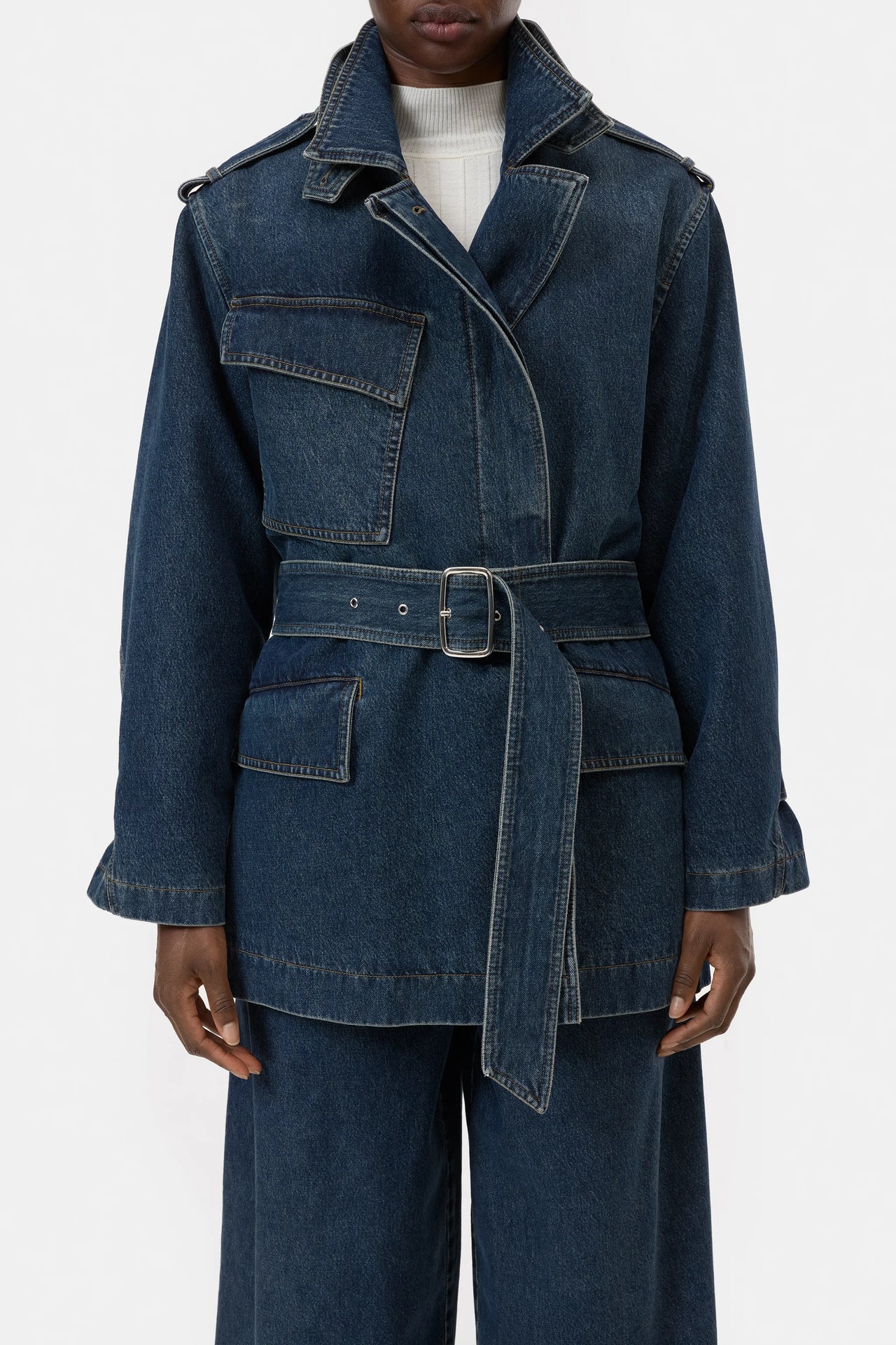 CLOSED WOMENS SHORT DENIM TRENCH COAT - DARK BLUE