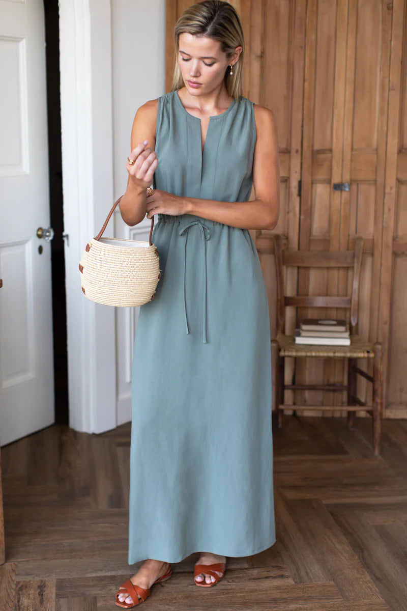 EMERSON FRY GRECIAN KEYHOLE DRESS - AGAVE LINEN