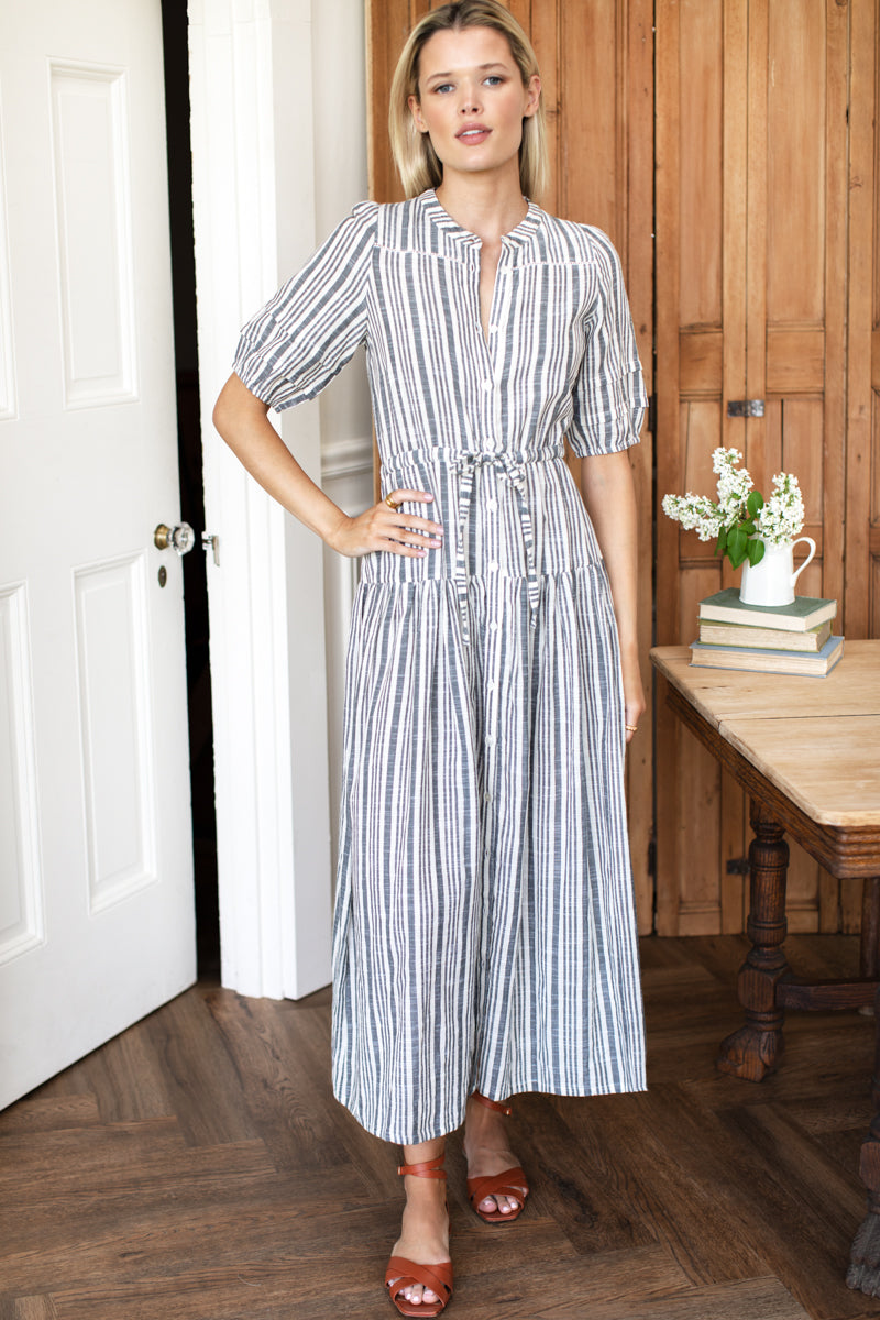 EMERSON FRY LUCY 4 BASQUE DRESS - ARADONIS STRIPE STORM GREY