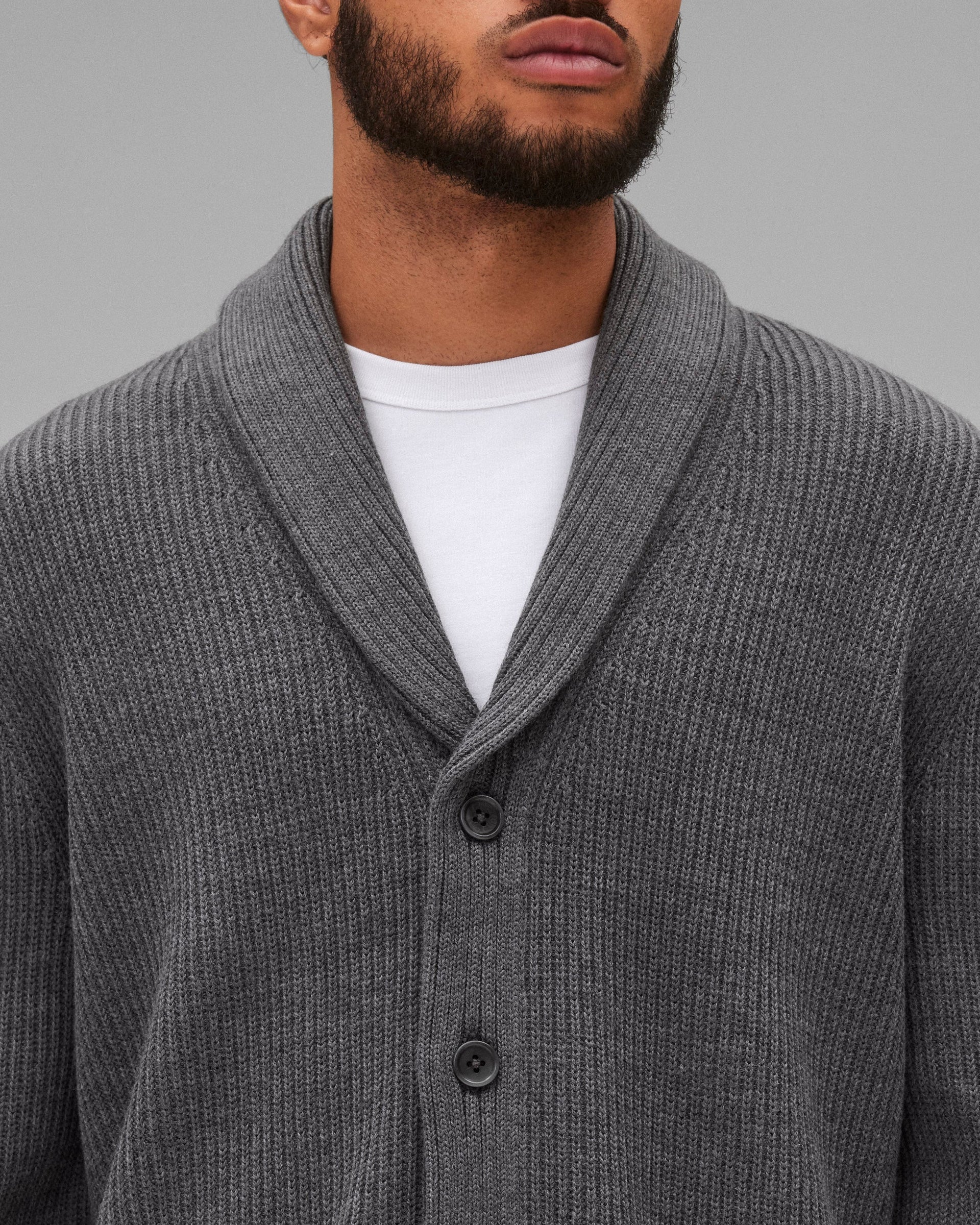 REIGNING CHAMP MERINO RIB VINNIE SHAWL CARDIGAN COLORS HEATHER CARBON S