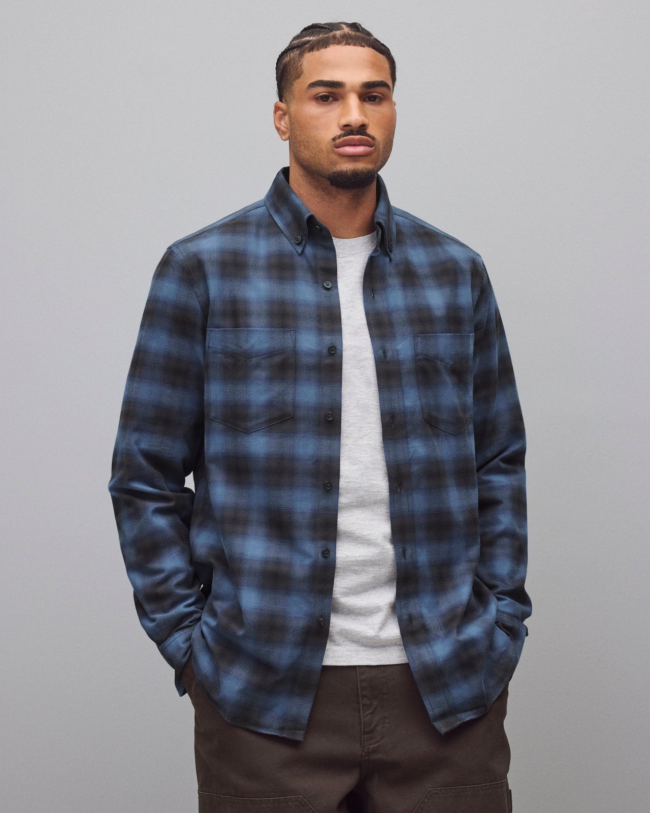 REIGNING CHAMP COTTON PLAID SITE STANDARD SHIRT - MIDNIGHT/BLACK