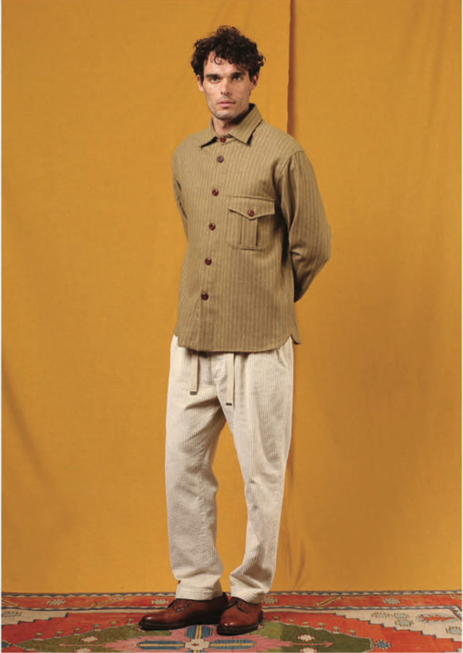 EAST HARBOUR SURPLUS MAURICE PINSTRIPE WASHED FLANNEL OVERSHIRT-  BEIGE STRIPE