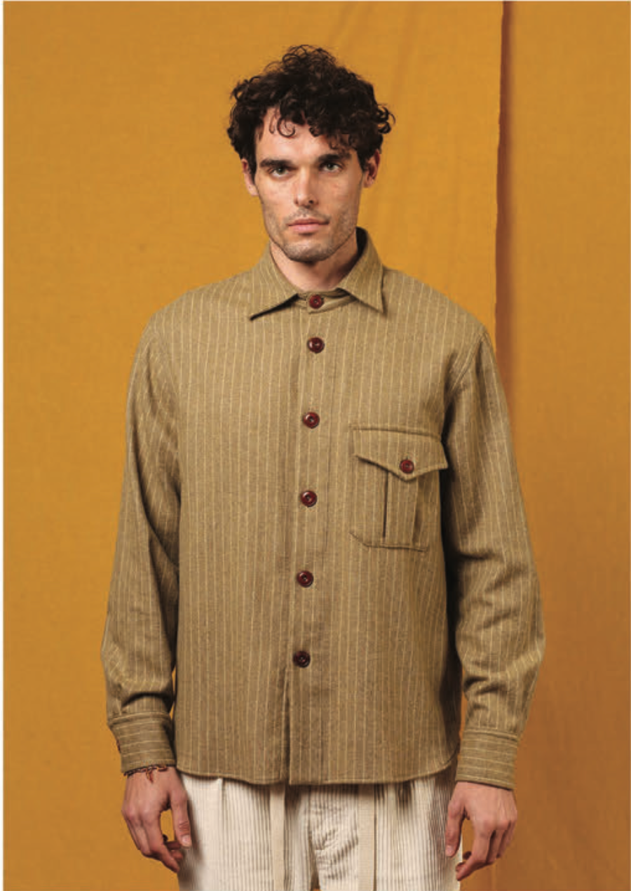 EAST HARBOUR SURPLUS MAURICE PINSTRIPE WASHED FLANNEL OVERSHIRT-  BEIGE STRIPE