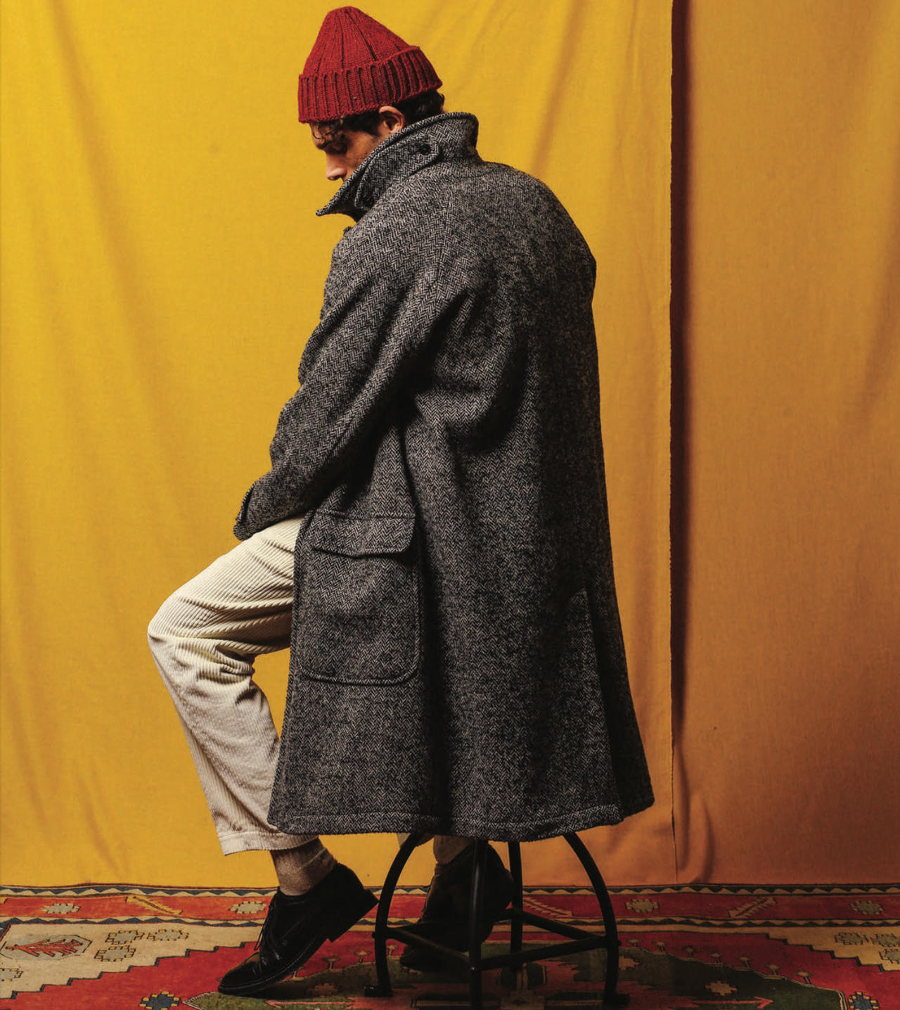 EAST HARBOUR SURPLUS KENT WASHED HERRINGBONE SHETLAND WOOL COAT- BLACK/GREY/WHITE