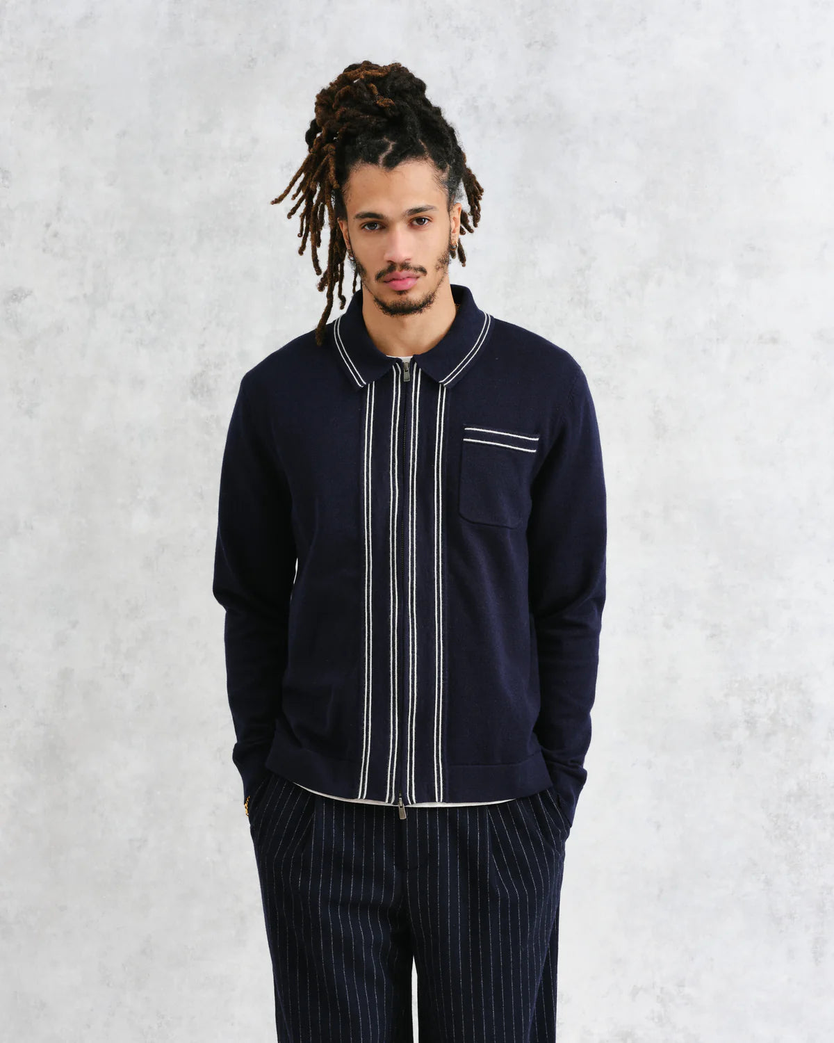 WAX LONDON MILANO STRIPE STITCH AMBLE POLO - NAVY