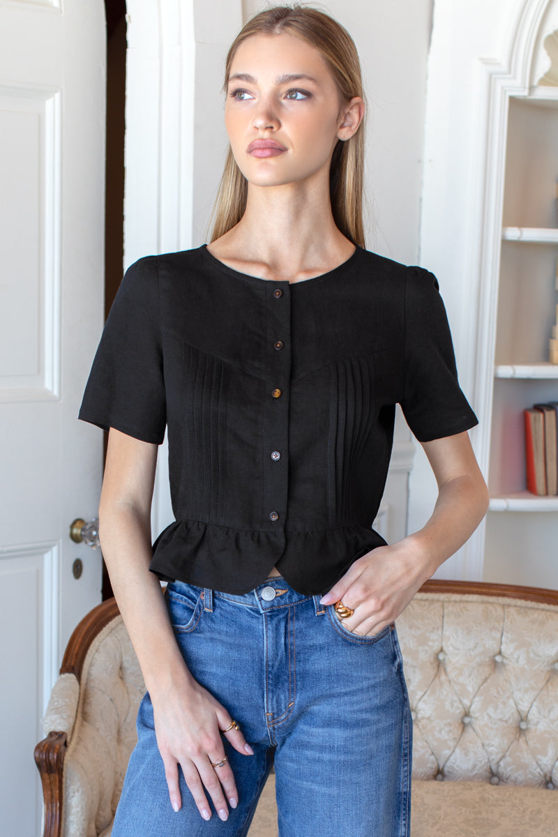 EMERSON FRY SHORTSLEEVE PINTUCK TOP - BLACK