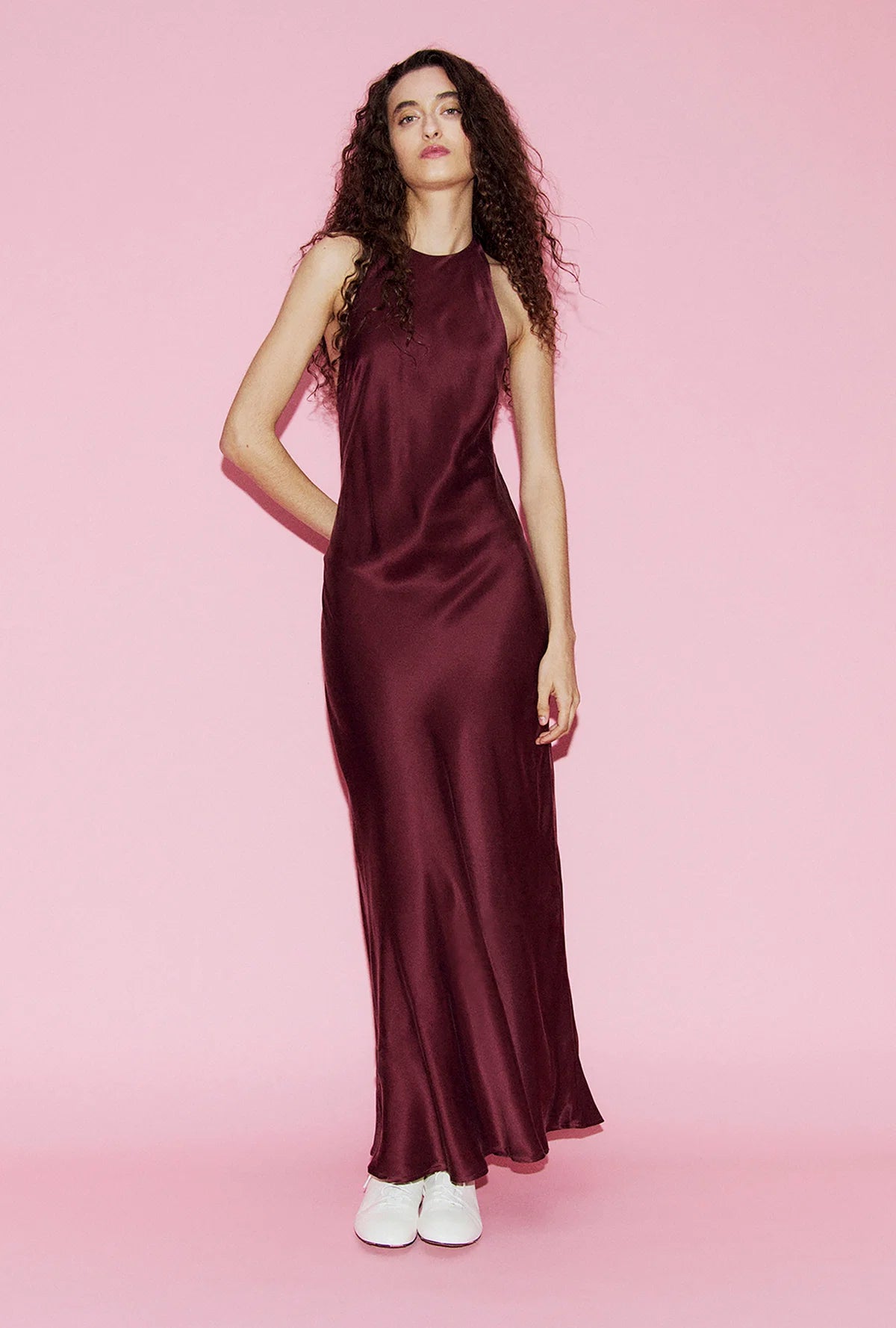 SILK LAUNDRY LONG HALTER DRESS - DEADLEAF