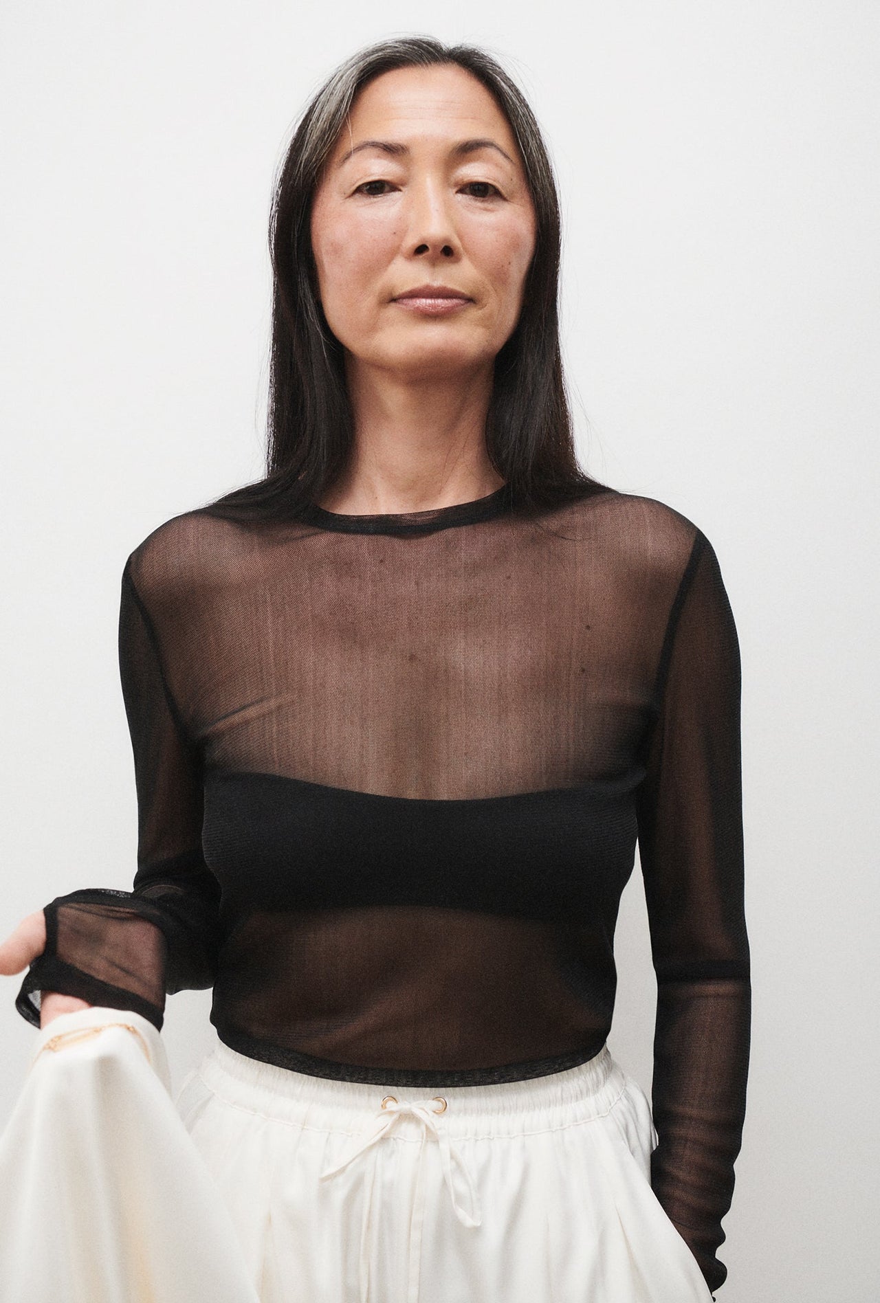 SILK LAUNDRY MESH LONG SLEEVE TOP - BLACK