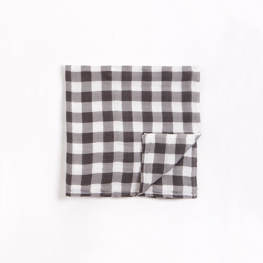 PETIT LEM MUSLIN SWADDLE - OFF-WHITE AND CHARCOAL GINGHAM