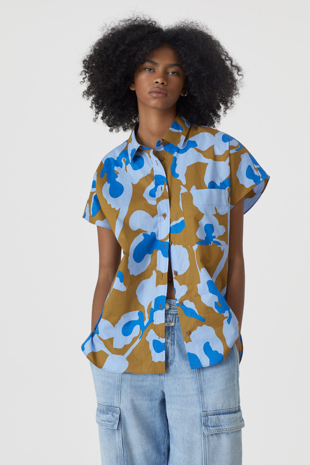 CLOSED WOMENS SHORT-SLEEVED BLOUSE WITH PRINT - OCEANIC BLUE