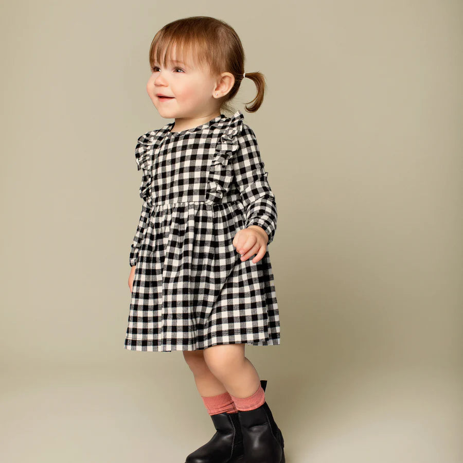 MILES INFANTS BLACK AND WHITE CHECKERED FLANNEL DRESS