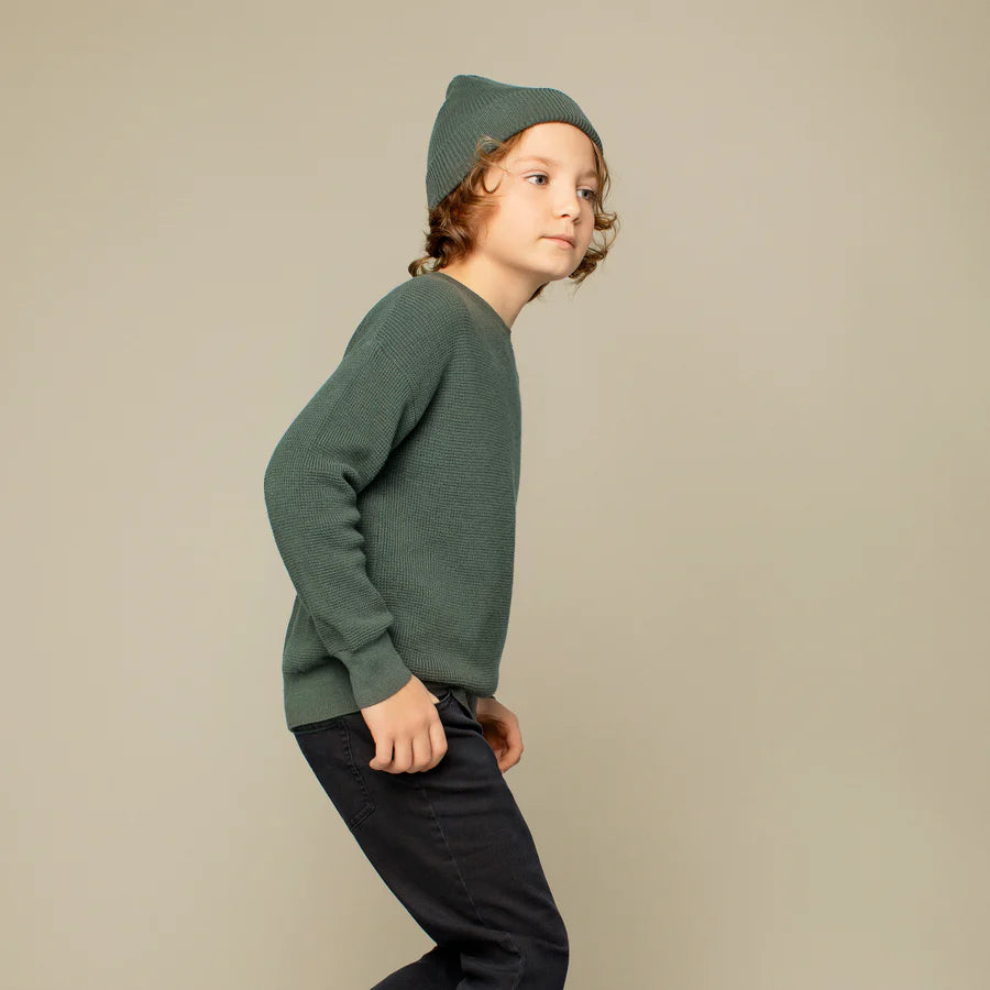 MILES KIDS FOREST GREEN WAFFLE KNIT SWEATER