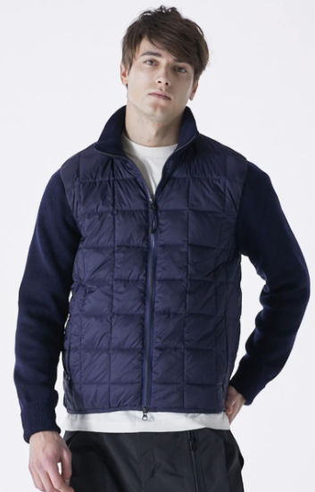 TAION MEN'S HIGH NECK ZIP DOWN JACKET WITH KNIT SLEEVES