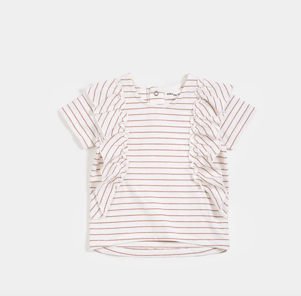 MILES THE LABEL BABY GIRLS FRILL TOP - SANDSTONE DOBBY STRIPED